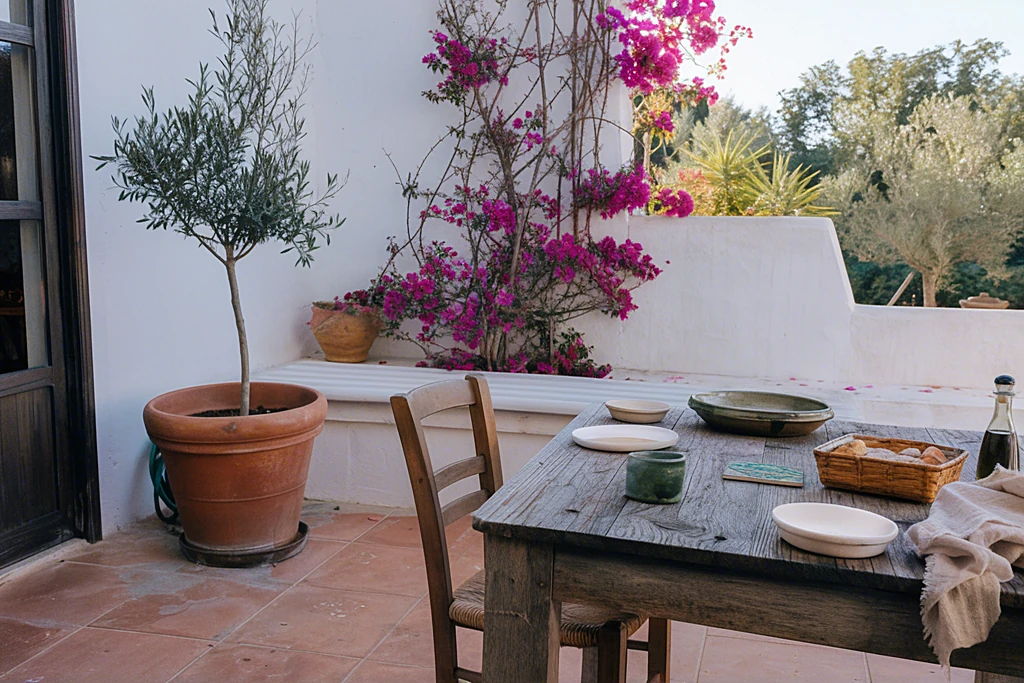 Mediterrane Terrasse mit Olivenbaum, Bougainvillea und rustikalem Holztisch