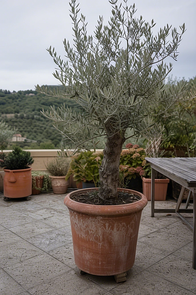 Olivenbaum in einem großen Terrakotta-Kübel auf einer Terrasse