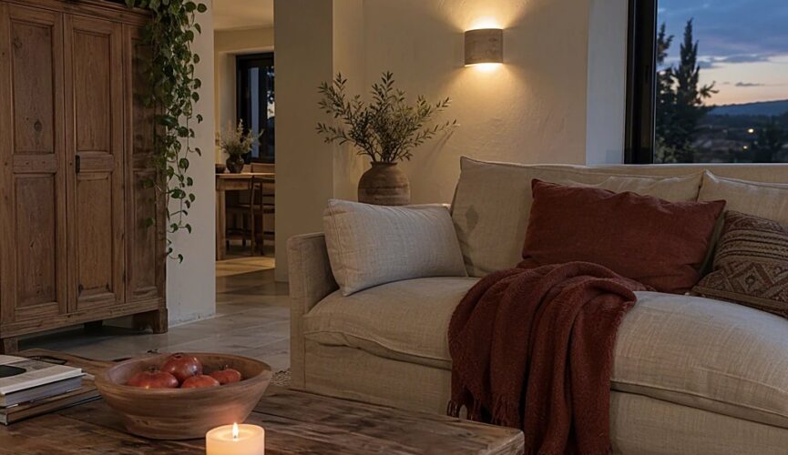 Mediterranes Wohnzimmer mit Leinenkissen, rostroter Decke und Terrakottaschale mit Granatäpfeln